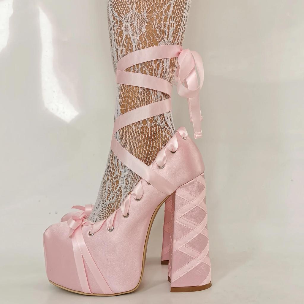 2025 Nuevas Sandalias Lolita Rosas Dulces de Plataforma con Tiras Tacón Grueso Talla Grande 47 Zapatos de Salón de Mujer Satén Lazo Cordones Sandalias de Moda