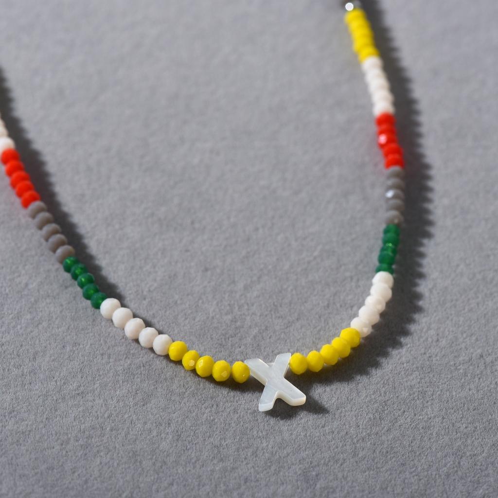 Wind Bohemian Stained Glass Millet Beads Handmade Beaded Letter Pendant Collarbone Chain Trend Necklace Female