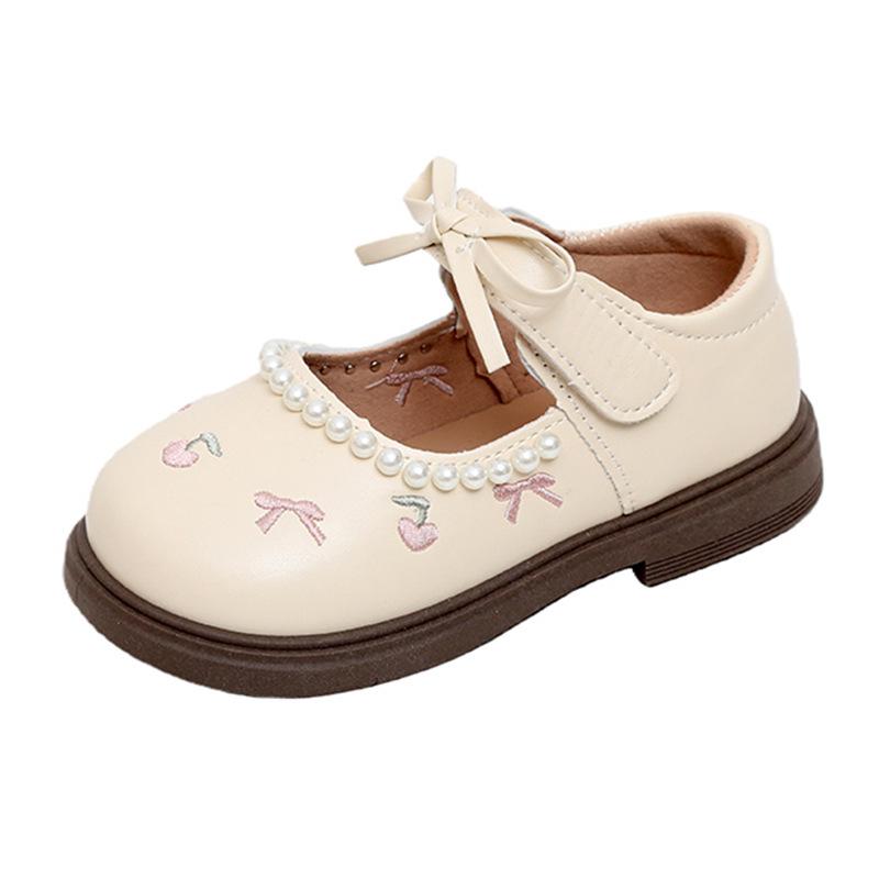 Cherry Leather Bowknot Princess Shoes for Girls - Soft Sole Pearl Trim Flats