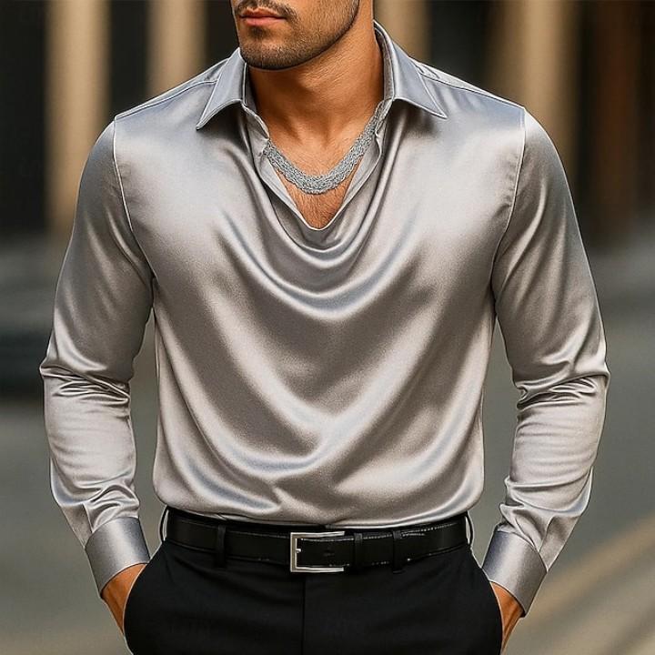 Casual Heren Satijn Zijde Dress Shirts Lange Mouw Sociaal Single Breasted Knoop Turn-Down Kraag Shirts Bruiloftsfeest Herenkleding