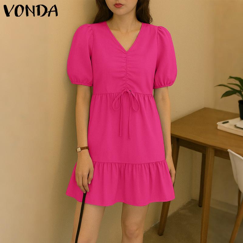 VONDA Women Summer V Neck Short Sleeve Solid Color Twisted Casual Pleated Dress