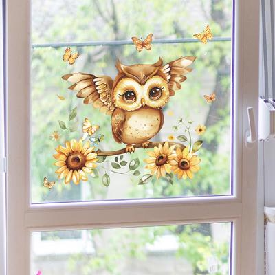Fun-f156 Cartoon Owl Sunflower Glass Doors and Windows Home Landscaping Window Stickers Uv Static