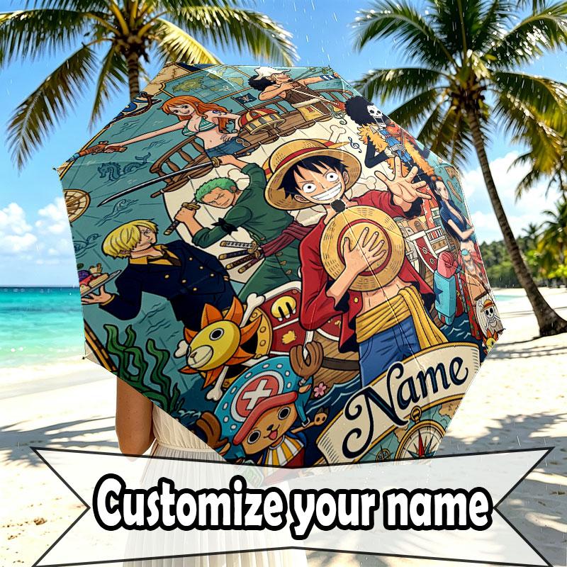 Custom Name Personalized ONE PIECE Print Umbrella, Auto Open Close, 8‑Rib Sturdy Frame, Commute Camping Hiking Use, Birthday Gift