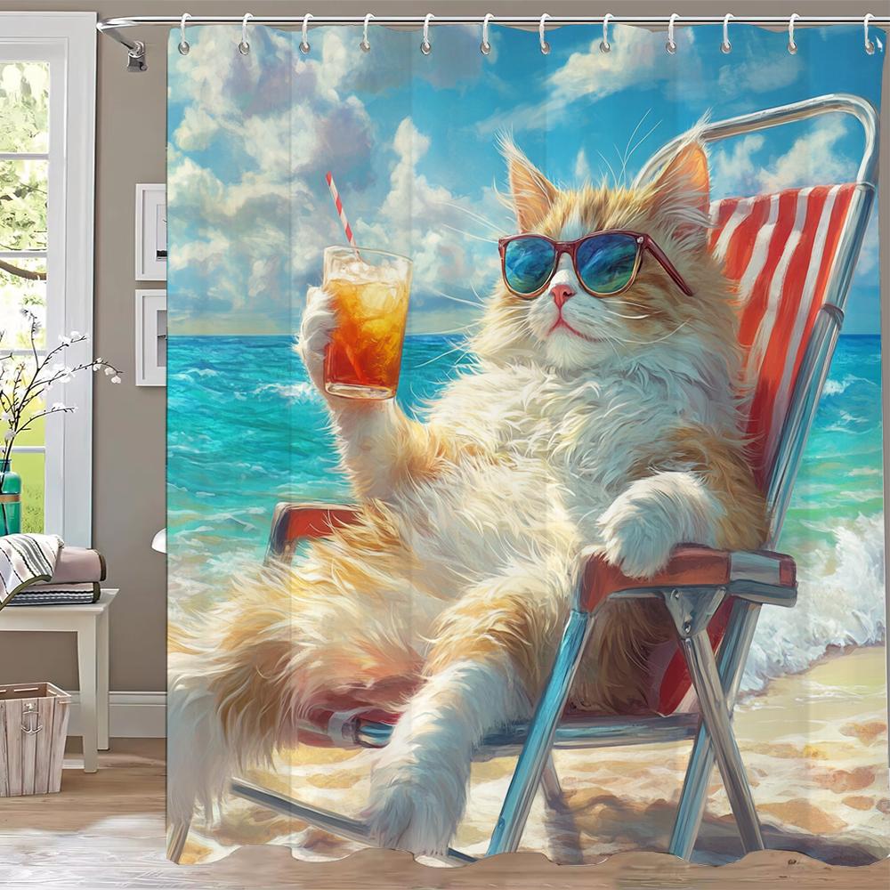 1pc Funny and Creative Surfing Cat and Dog Shower Curtain,Cartoon Bathroom Curtain,Home Polyester Decoration Curtain With Hooks