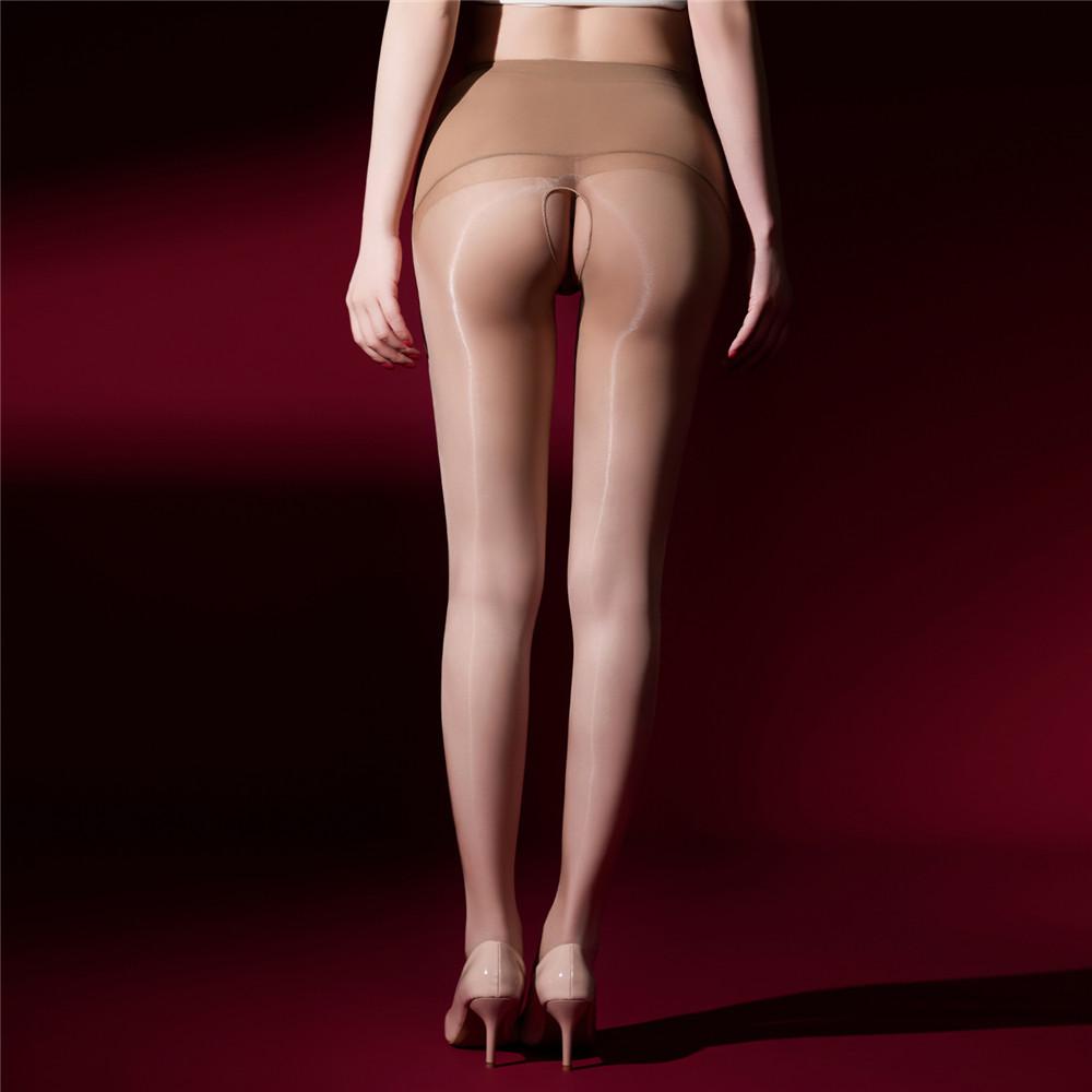 Sexy Women 360 Seamless Oil Glossy Shiny Sockings High Waist Pantyhose Thin Sheer See Through Tights Open Crotch Maid Stockings