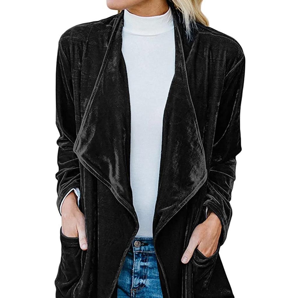 Damen Uni Langarm Samtjacke Offene Vorderseite Strickjacke Mantel mit Taschen Oberbekleidung