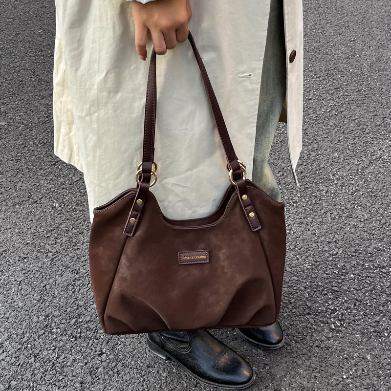 Vintage Suede Handbag Women Commuter Tote Bag Shoulder Underarm Bag