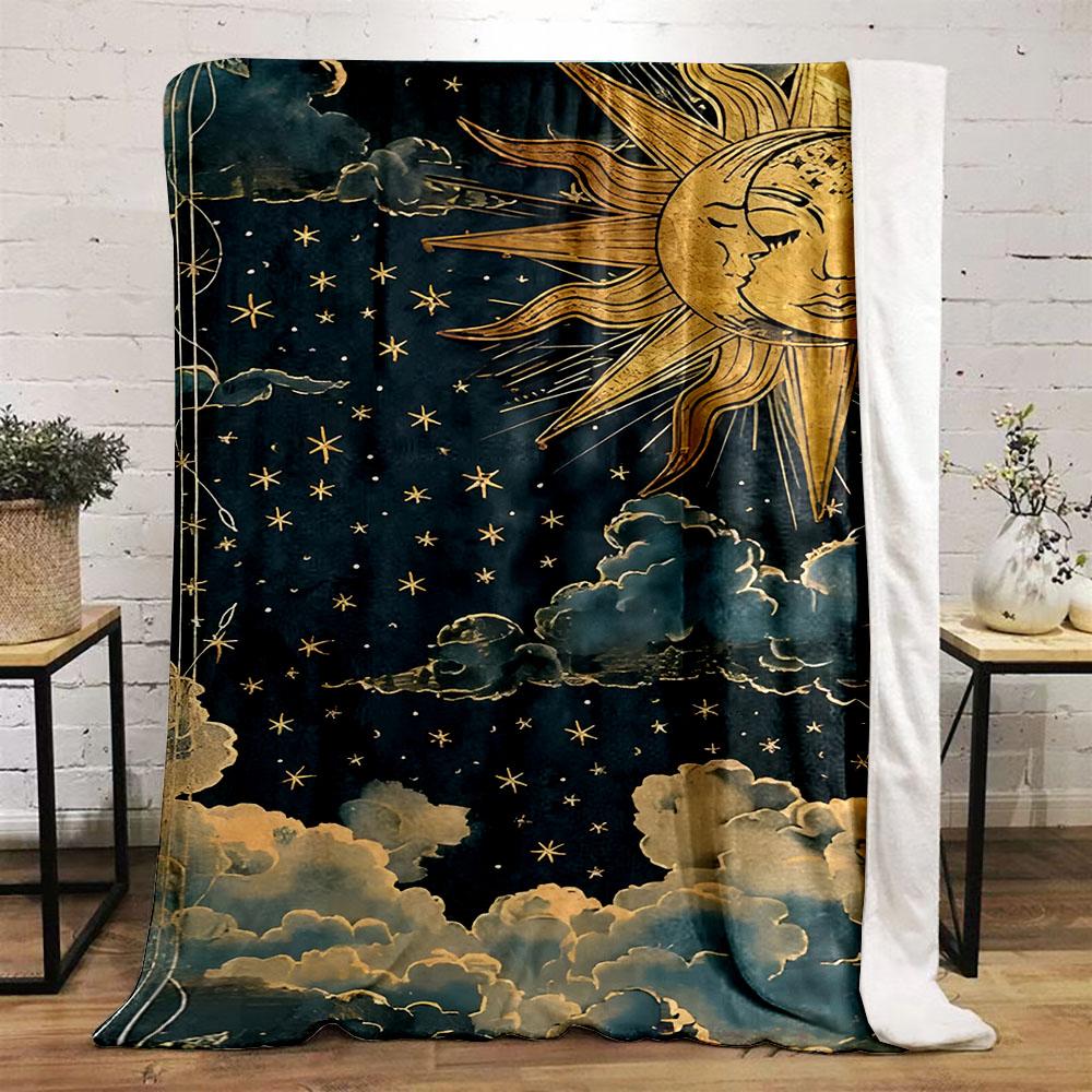 Celestial Sun and Starry Sky Design Patterned Flannel Blanket Perfect for the Bedroom Living Room, Sofa, or a Little Nap