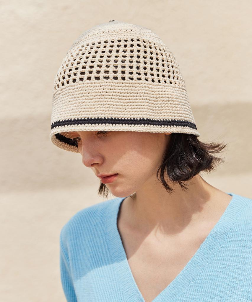Bajal Va Top Button Knit Crochet Bucket Hat Cream
