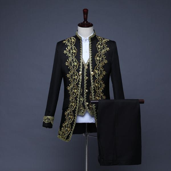 

Мужское европейское платье с золотой инкрустацией, придворное платье, мужской костюм-тройка, студийный костюм, черно-белый, для оперной сцены, для стола L чёрный