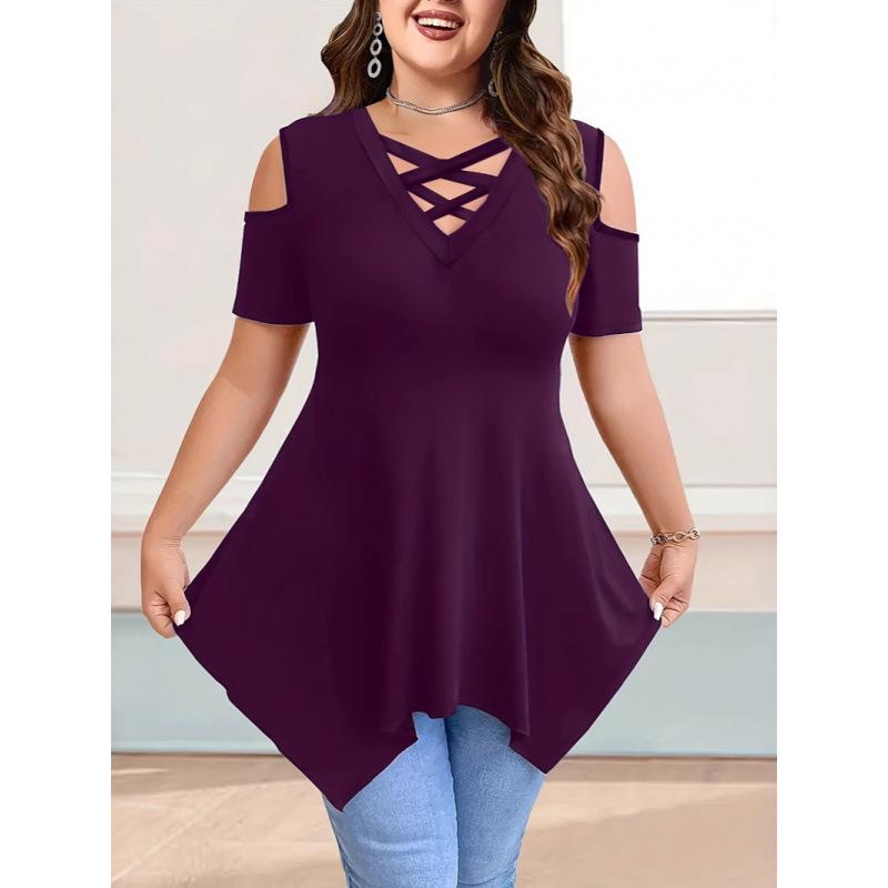V-Neck Off-Shoulder Short Sleeve Crossover Strap Women's T-Shirt