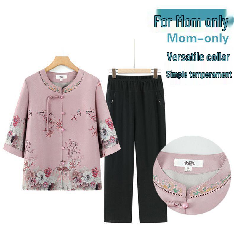 Stylish Summer Set for Women: Chinese-Inspired Short-Sleeve Top and Pants for Middle-Aged and Elderly Ladies