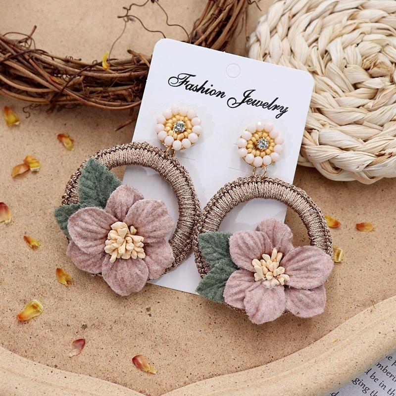 Vintage crystal flower big circle stud earrings long temperament personalized vacation earrings bohemian earrings women