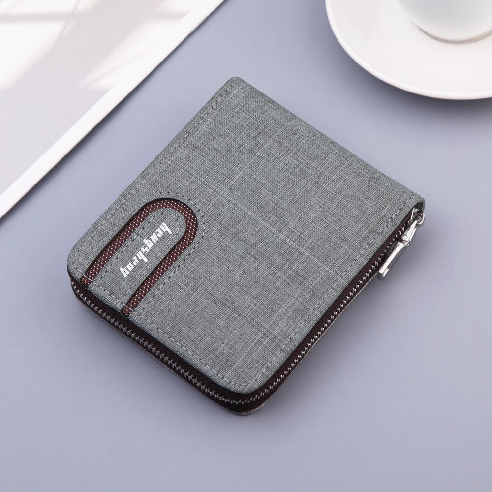 Men's Canvas and Leather Short Wallet with Zipper, Coin Purse, and Multiple Card Slots