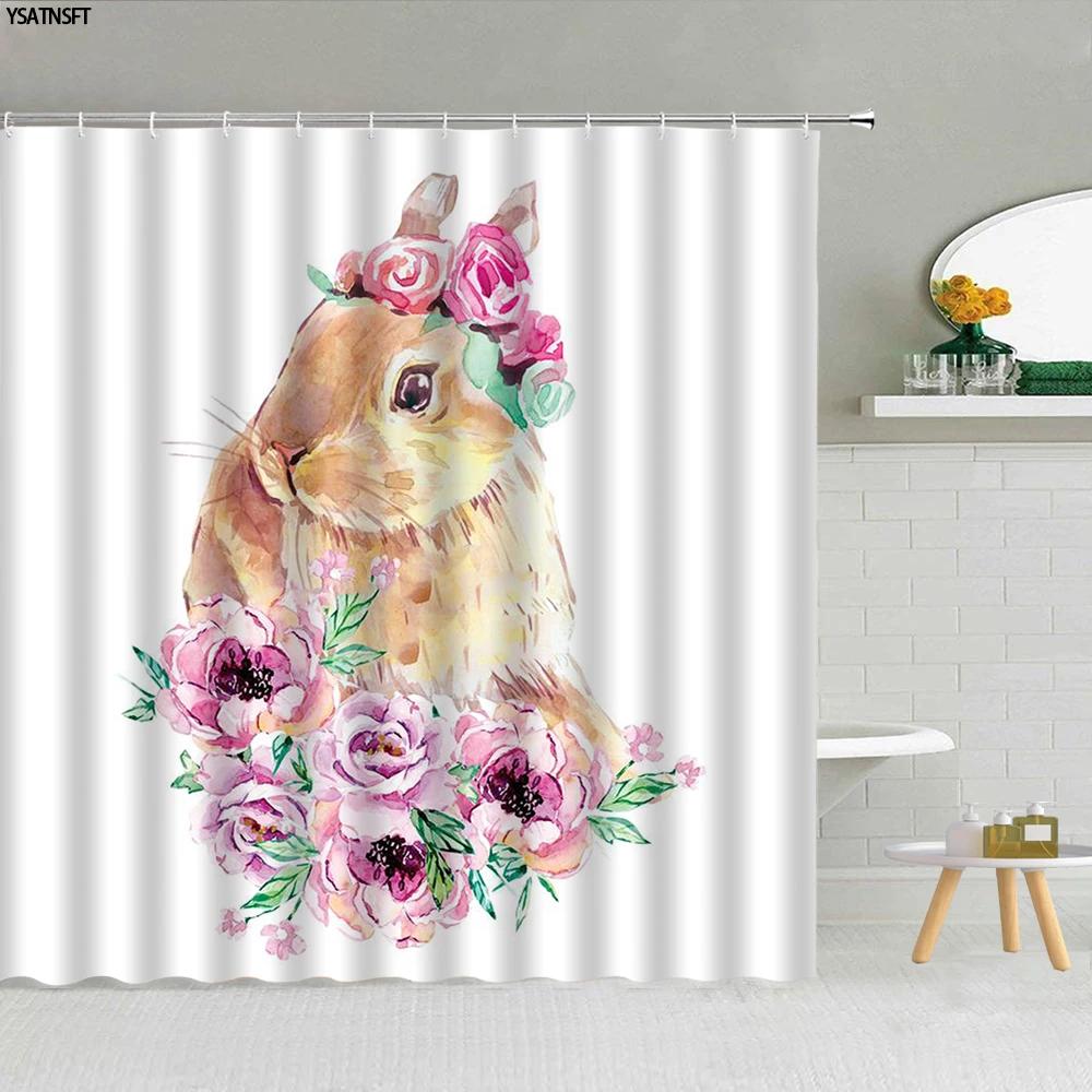 Funny Bunny Easter Shower Curtain Rabbit Colorful Egg Flower Wood Striped Backdrop Bathroom Decor Washable Fabric Hooks Curtains