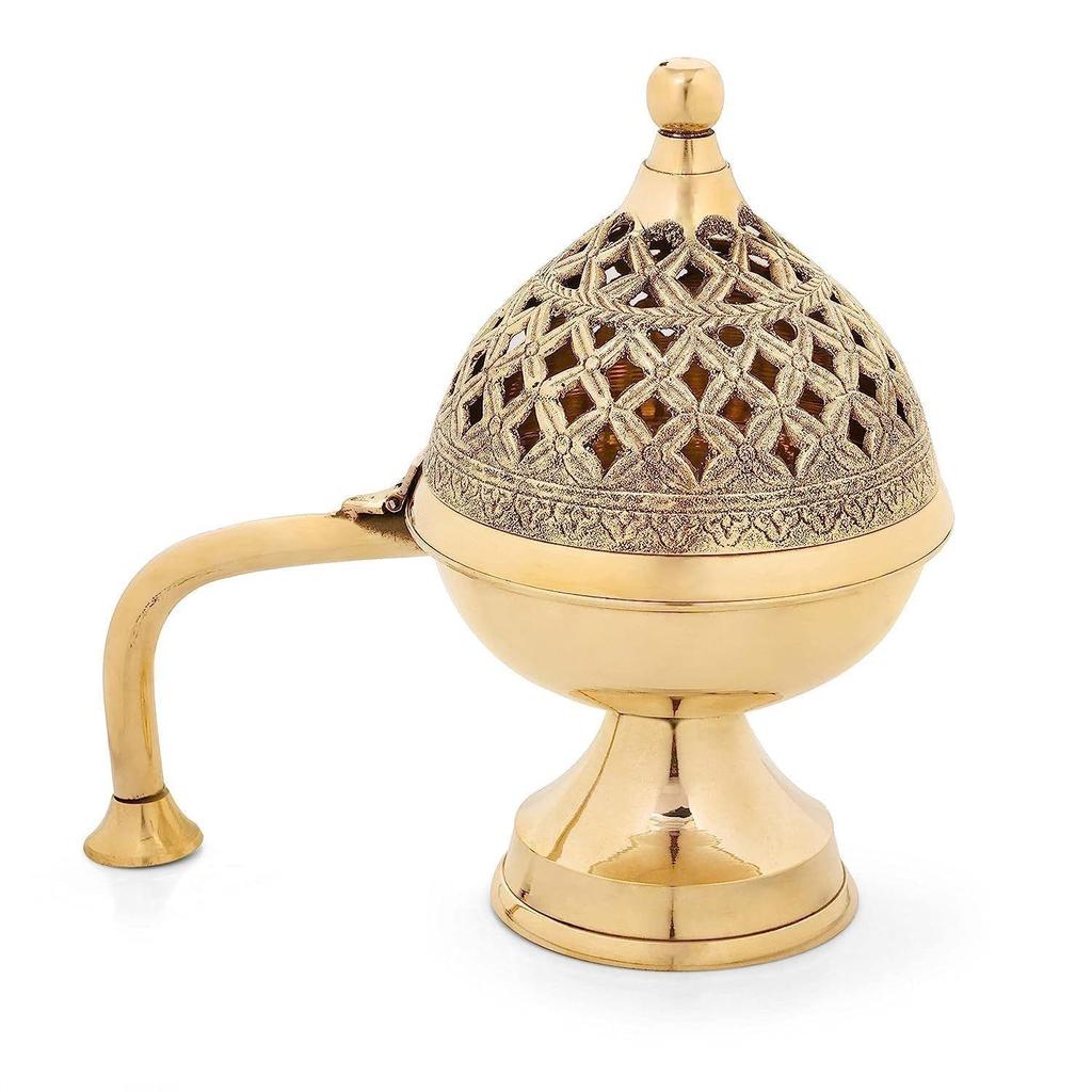 Brass Dhuna Loban Burner, Round Dhooni Dhoop Dani Incense Burner,Table-Top Brass Incense Holder for Loban, Elegant and Traditional Dhoop Dani