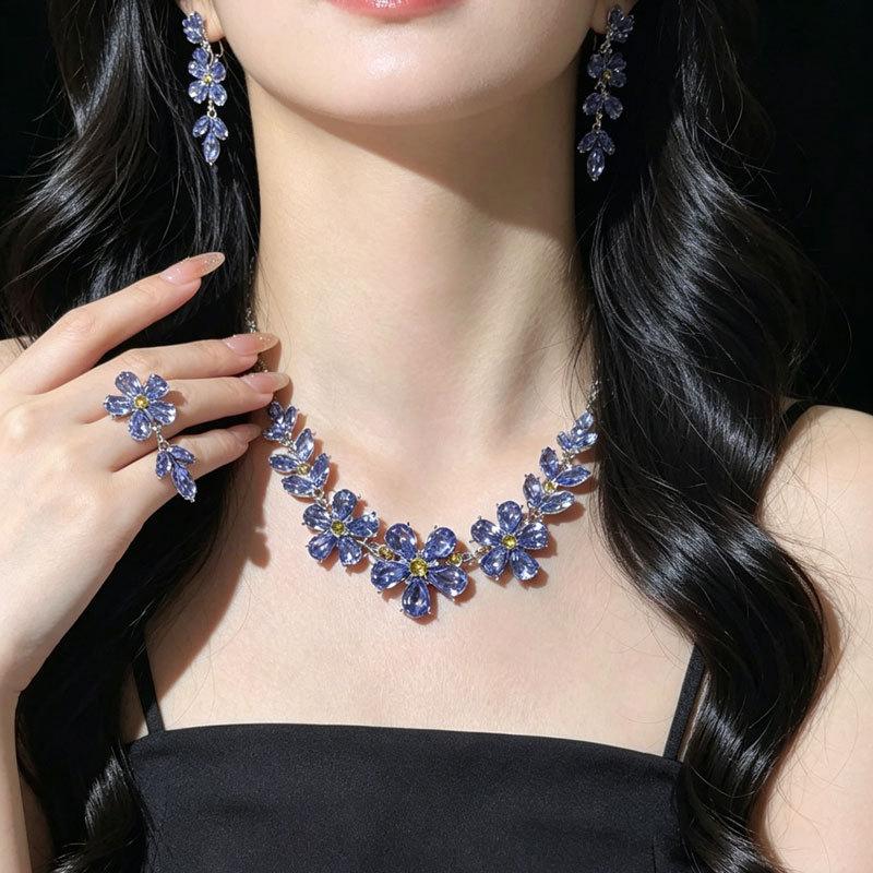 "Amethyst Flower" Light Luxury Flash Purple Flash Diamond Flower Spring and Summer Sweet Clavicle Chain Necklace Earrings Set Female
