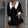 Vestido Mini Bodycon de Manga Larga con Cuello en V y Bloques de Color Elegantes para Mujer