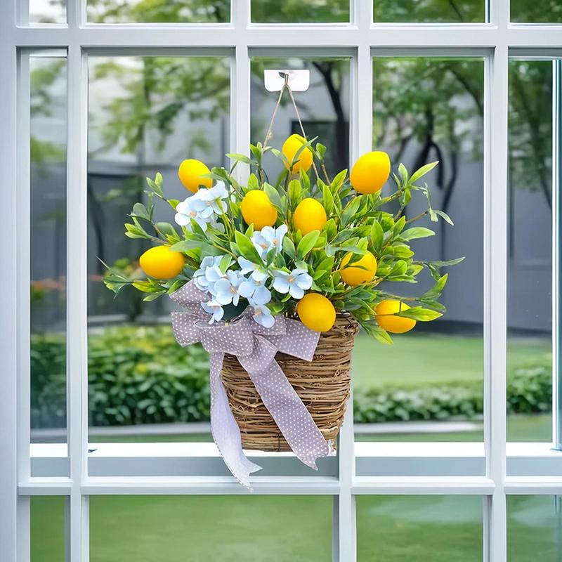 Basket Wreath Spring Porch Wreath for Outdoor Decorative Wreath Ornament Lemon Flower Basket Wreath Artificial for Home Wedding