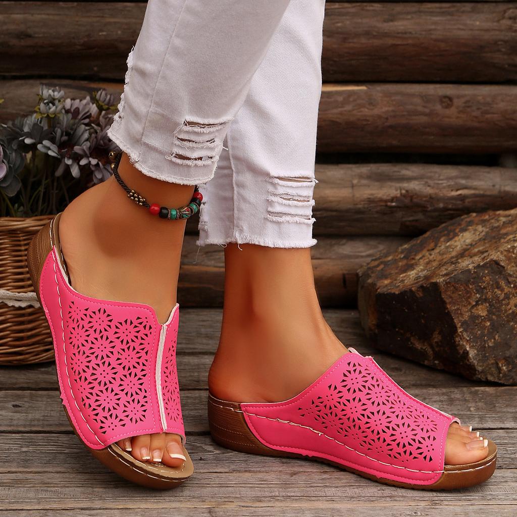 Summer Women's Large Size Round Head Retro Solid Color Sandals Hollow Sewing Line Wedge Sandals