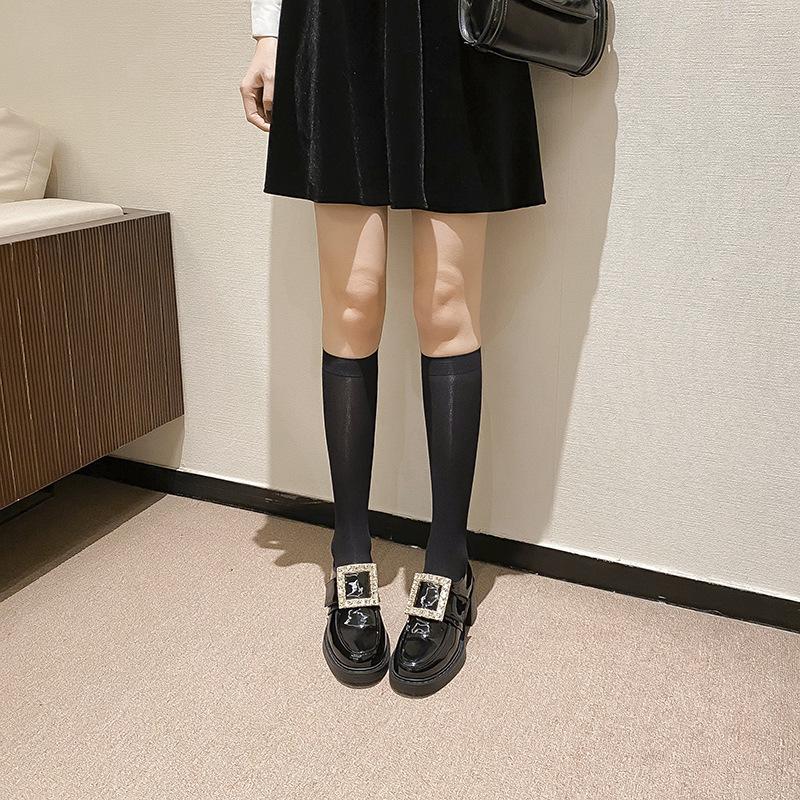 rvsm square buckle single shoes high heel thick sole women's autumn shallow mouth rhinestone new thick heel heightening British small leather shoes