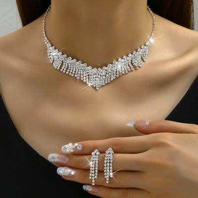 Wind Design Sexy Full Diamond Tassel Necklace Vintage Jewelry Bridal Set Necklace Stud Earrings