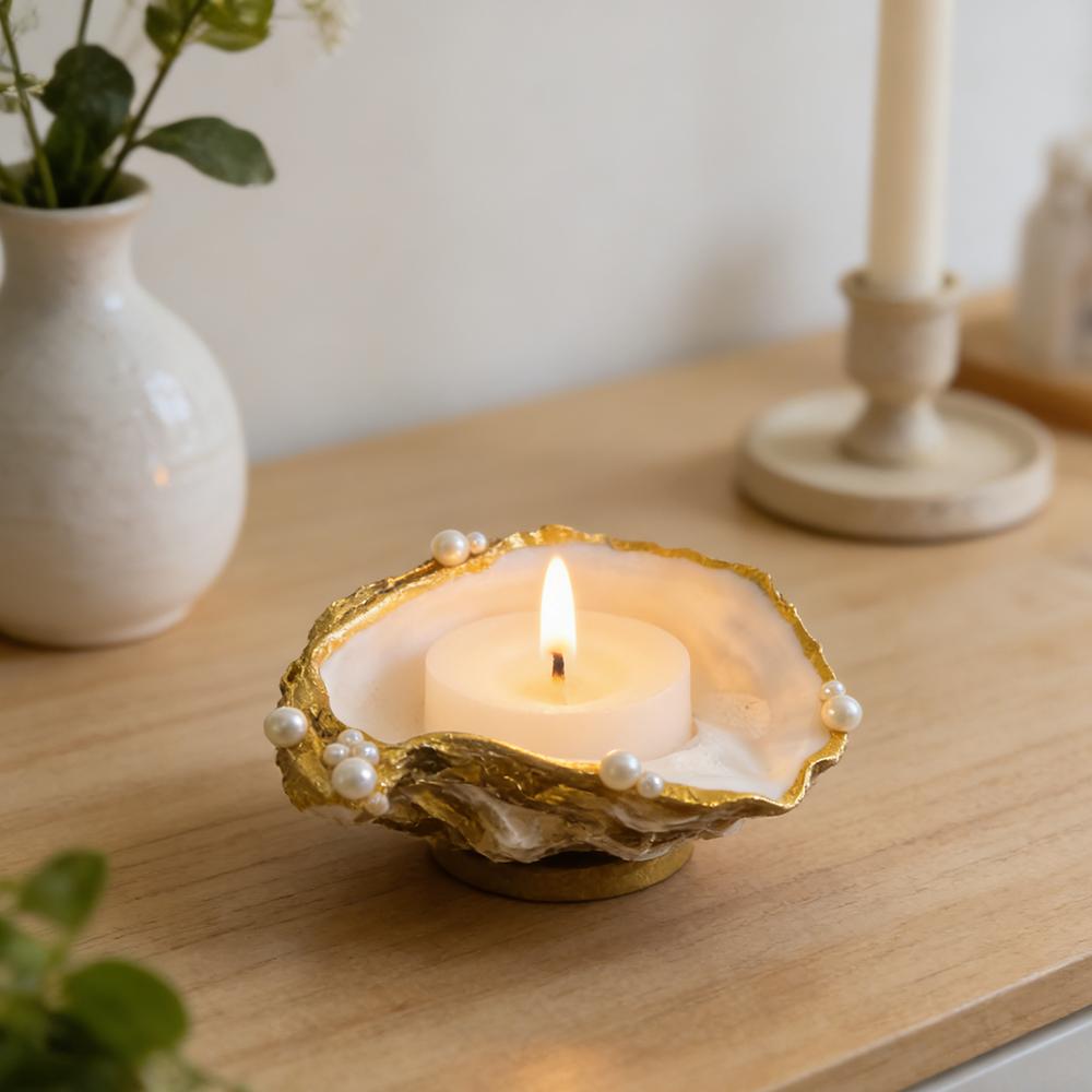 Coastal Oyster Shell Candle Holder with Pearl Elegant Gold Rimmed Oyster Nautical Handmade Oyster Shell Candlestick