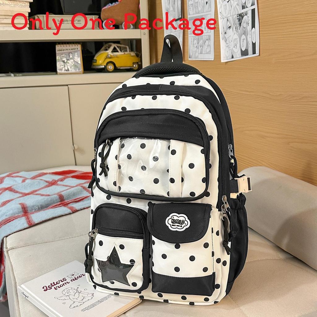 Nylon School Backpack For Girls With Polka Dot Pattern And Padded Shoulder Straps For Campus Use
