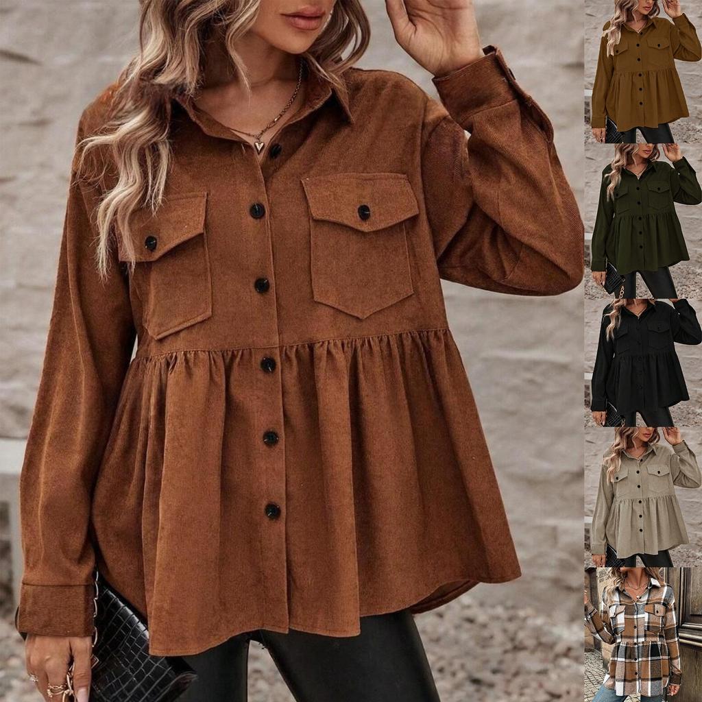 Lässiges Cordhemd für Damen mit Babygesicht, Rüschenkanten, Plus Knopfleistenjacke