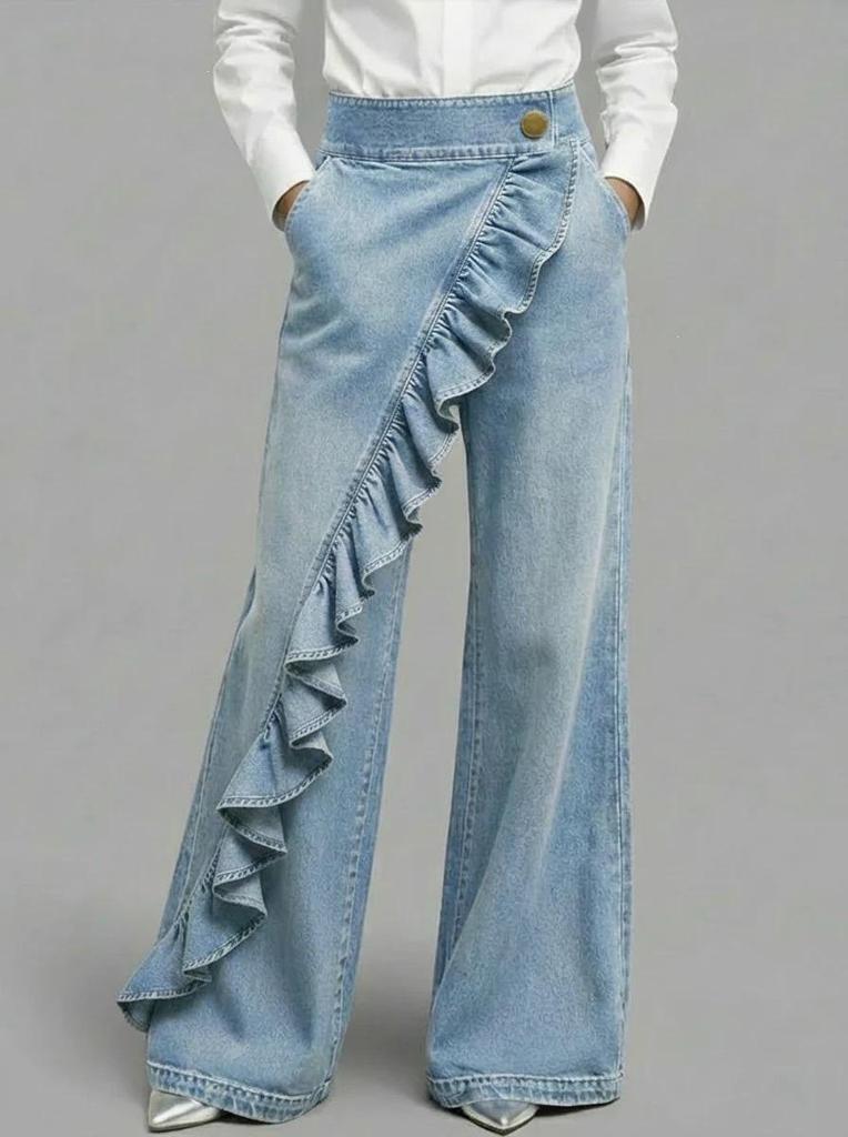 Retro Irregular High-Waisted A-Line Printed Faux Denim Women's Dress