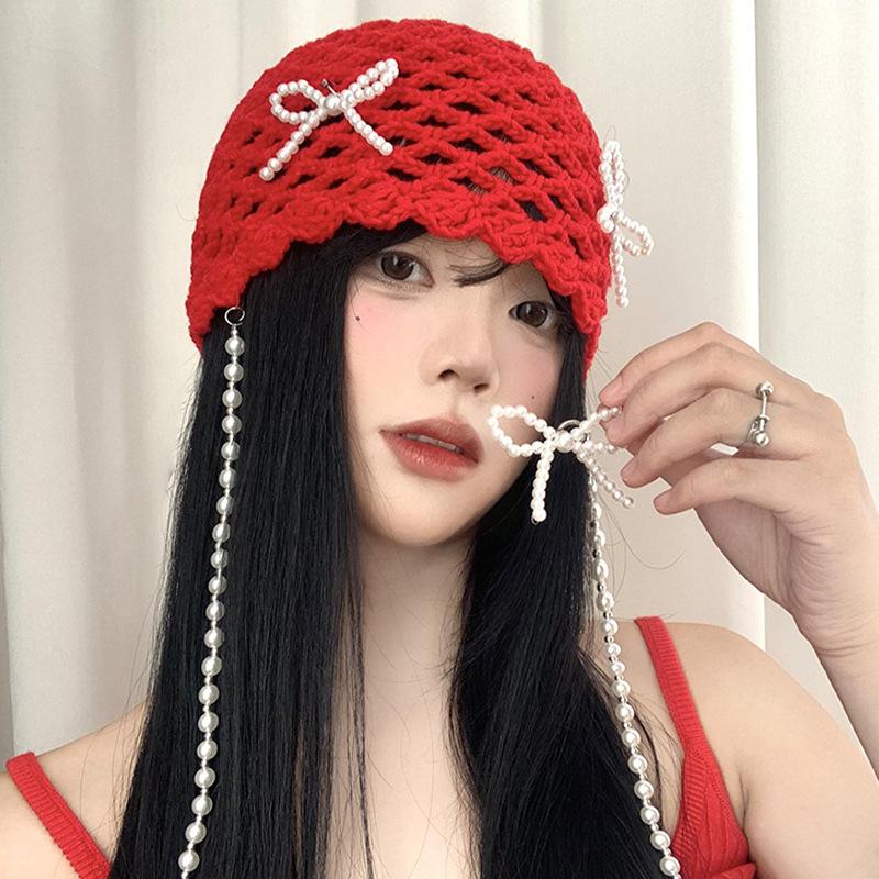 

Knit Black Versatile Cap With Gorgeous Bow And Pearl Embellishments Adults For червоний