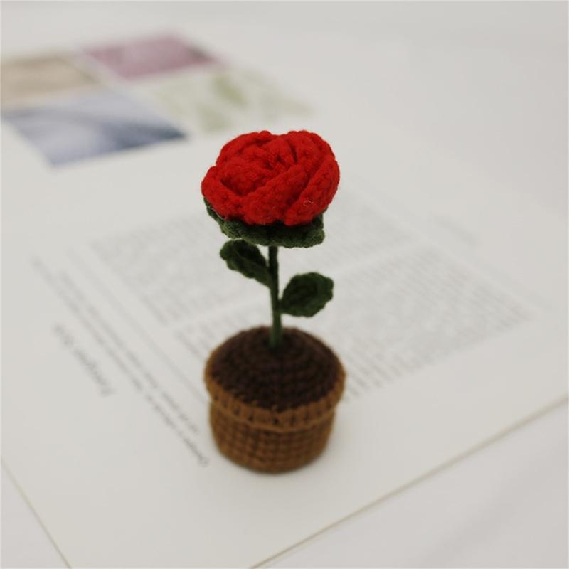 Crochet Heart Shape Flower In Pots Knitted Wool Mini Flower Potted Plant Romantics Ornament for Valentines Day Gift