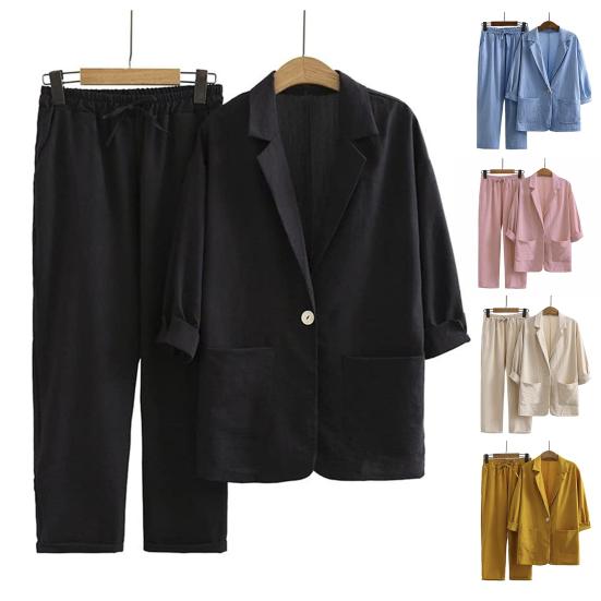 2Pcs/Set Women Spring Autumn Casual Outfit Lapel 45720 Sleeve Single Button Pockets