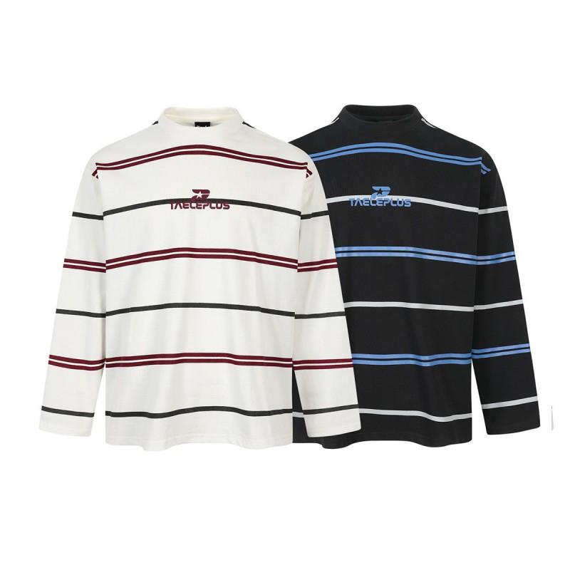 T-shirt a maniche lunghe a righe oversize da uomo - Vestibilità larga in cotone con girocollo Stile Retro Americana Abbigliamento casual autunnale