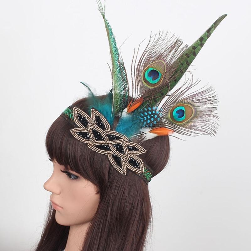 Ethnic Style Headband with Rhinestone&Feather Decors Unique Hair Hoop Women Bride Wedding Party Taking Photo Headband