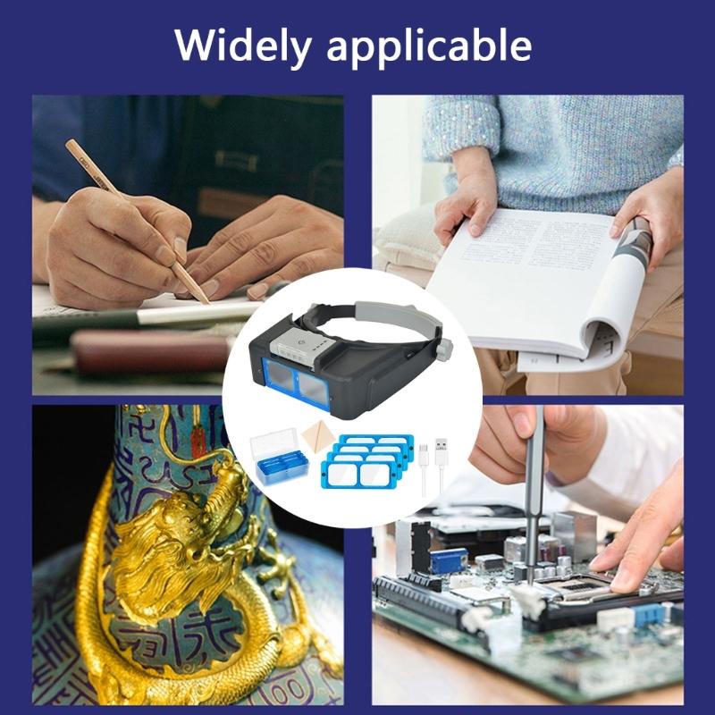 Rechargeable Head Mounted Magnifiers with Magnification & 4 LED Light for Watch Repair Jewelry Crafting Dental Work