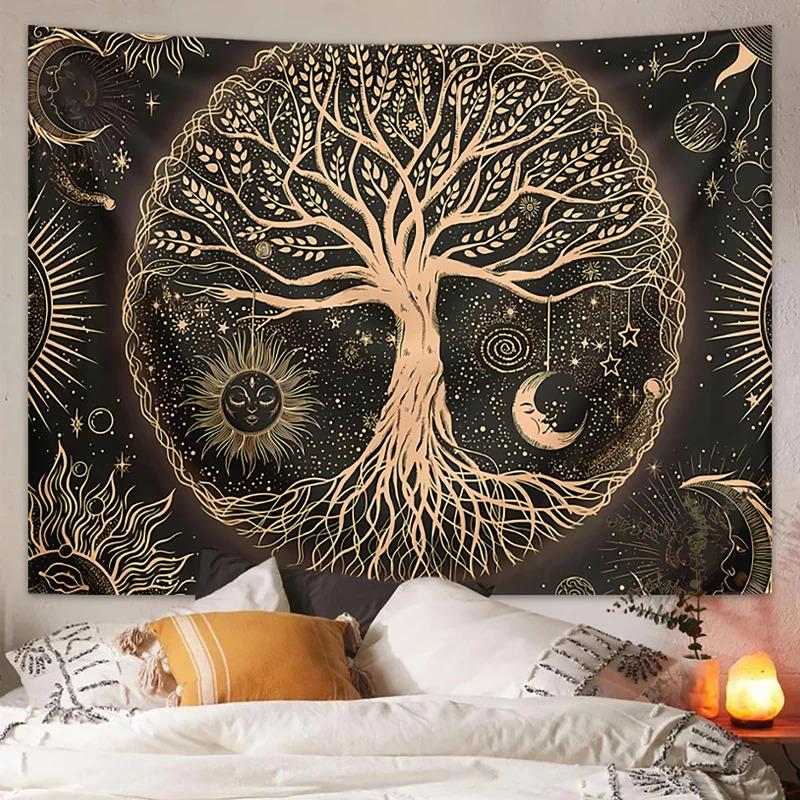 Bohemian Tree Of Life Tapestry Star Moon And Sun Element Vintage Mystical Art Tapestry Room Wall Decoration 100X70CM