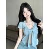 Stylish and Chic Design Lace Splicing V-neck Short-sleeved T-shirt Summer Foreign Style Slim-fitting Versatile Temperament Top Ins
