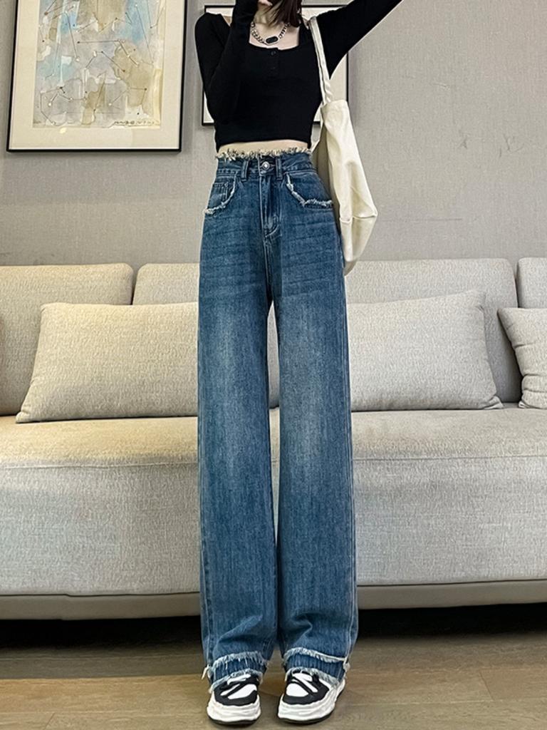 Fashion Wide-leg Jeans Women's Spring and Autumn New Retro Blue Rough Edge High Waist Drape Thin Loose Straight Pants