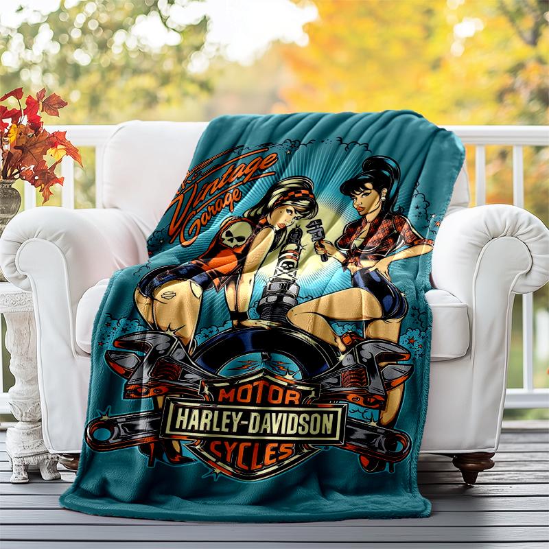 Vintage Motorcycle Flannel Blanket Soft All-Season Throw, Design for Camping, Car Travel, Hiking Sofa, Bed, Office Perfect Gift for Parties