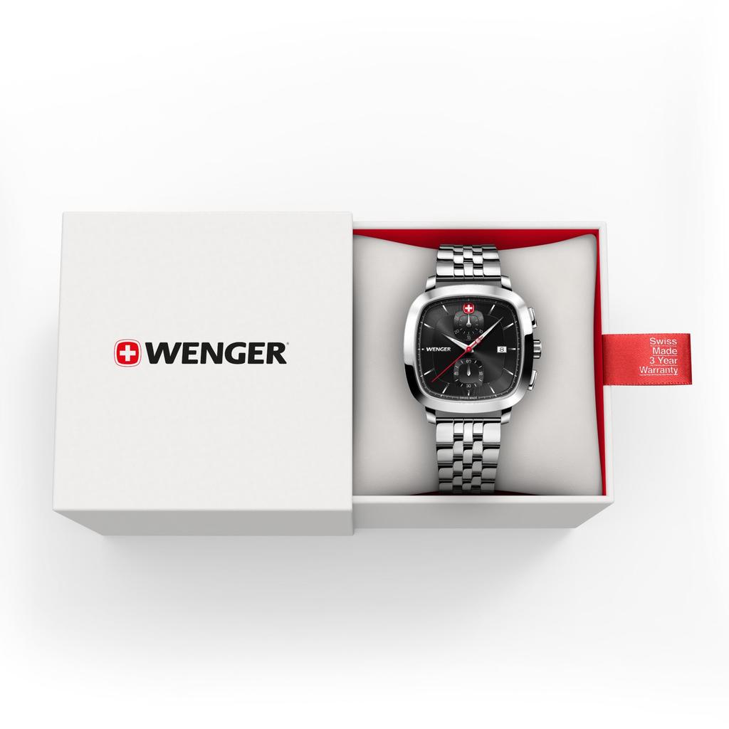 WENGER VINTAGE CLASSIC CHRONO Watch with Stainless Steel Case Black Silver Stainless Steel Quartz 50m Water Gift Idea Men's (316L), Dial, Bracelet,