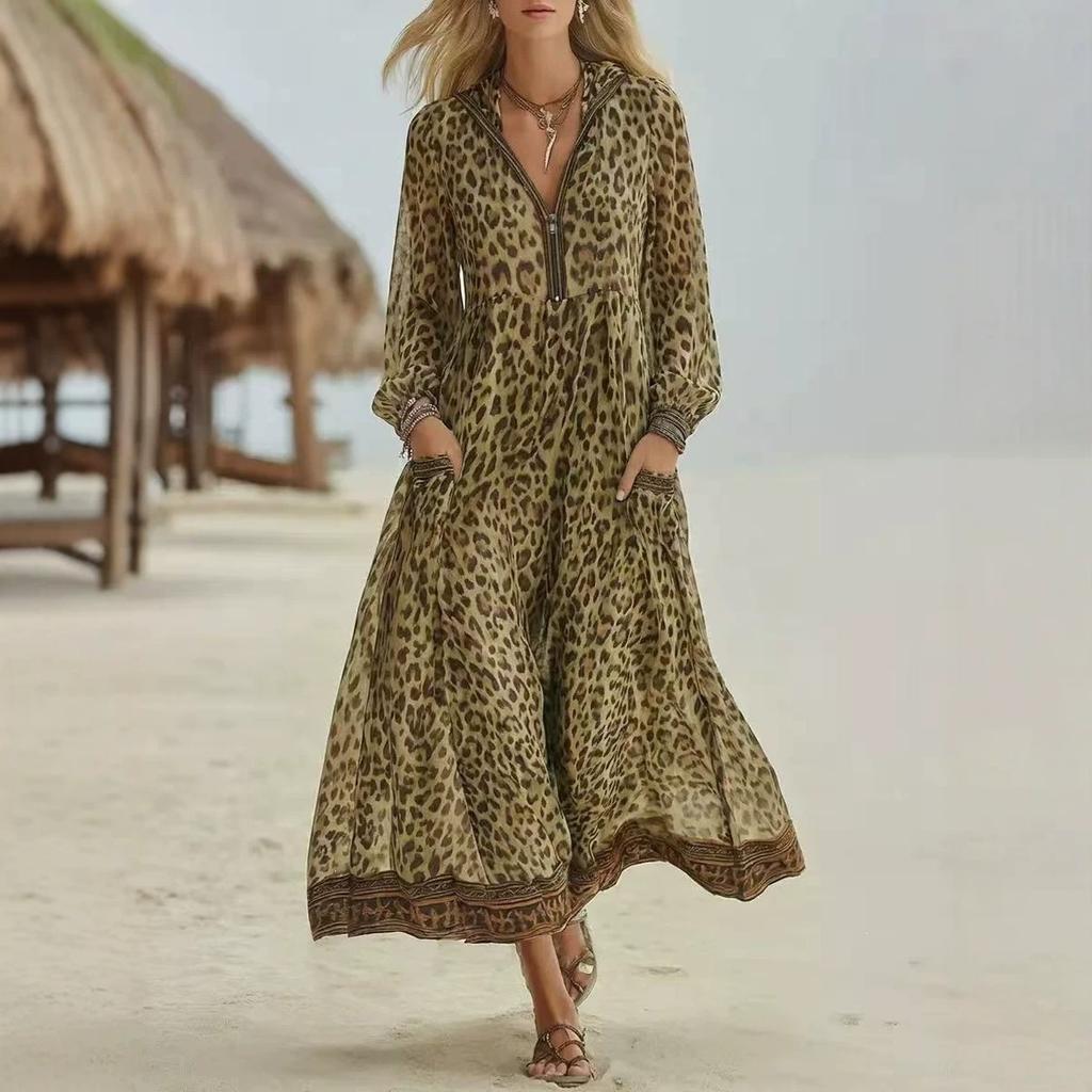 Vintage Wild Leopard Print Hooded Long-sleeved Long Dress Half Zipper V-neck Elastic Waist Swinging Seaside Vacation Dress