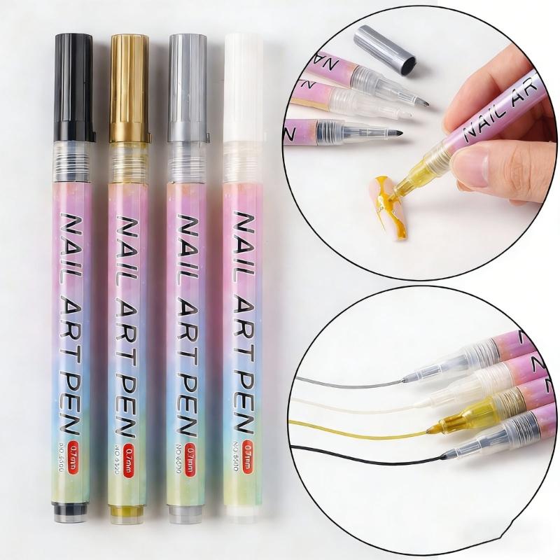 4Color Quick Dry Nail Art Pen Markers Nail Polishing Pen Safe Ink for Precise Designs Portable Use in Any Situation