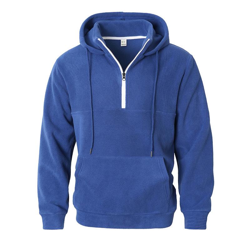 Men's Thick Hooded Sweatshirt, Stand Collar Half-Zip, Long Sleeve, Autumn/Winter, European Size, Casual Style.