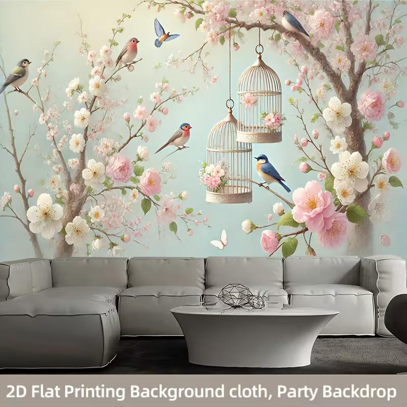 

2D Printed Spring Cherry Blossom Tree Backdrop, Cute Birds & Vintage Bird Cage Photo Background for Birthday Party 47.2x31.5inch/120*80cm