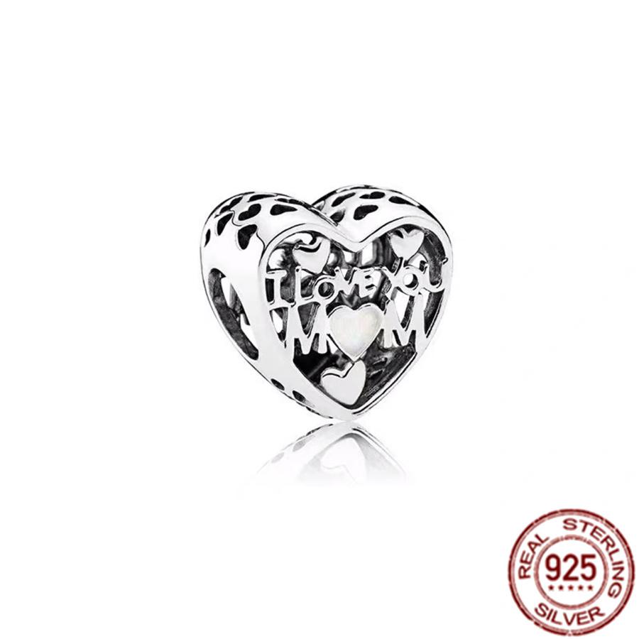 Fine S925 Sterling Silver Love You Mom Double Heart Split Dangle Charm Beads Fit Original  Bracelet DIY Women Jewelry Gift