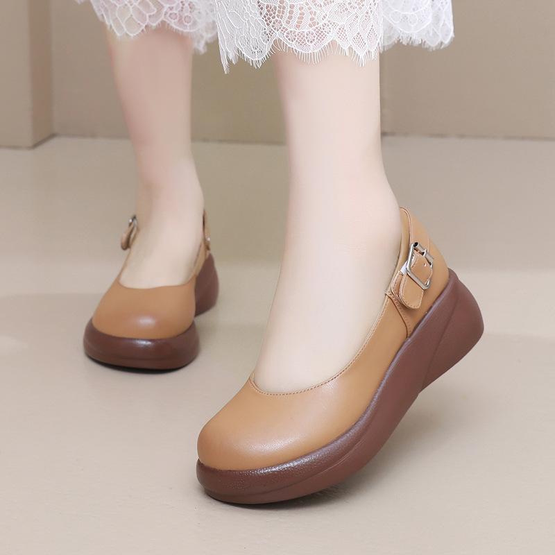 GKTINOO 2025 New Spring Autumn New British Style Genuine Leather Shoes Thick soled Wedges Shoes Soft soled Slip On Women's Shoes