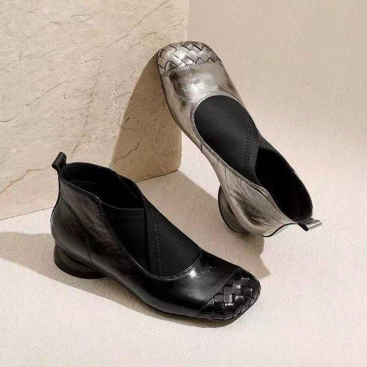 Retro thick heel fashion short boots autumn new embossed square head single boots soft leather low heel boots soft sole