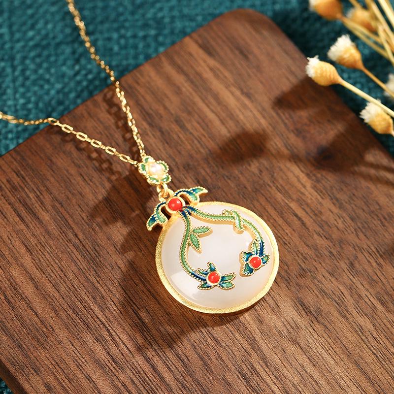Airyuan Retro Clavicle Chain Enamel Pendant Necklace with Imitation Hetian Jade - Qipao Style Mom Birthday Gift