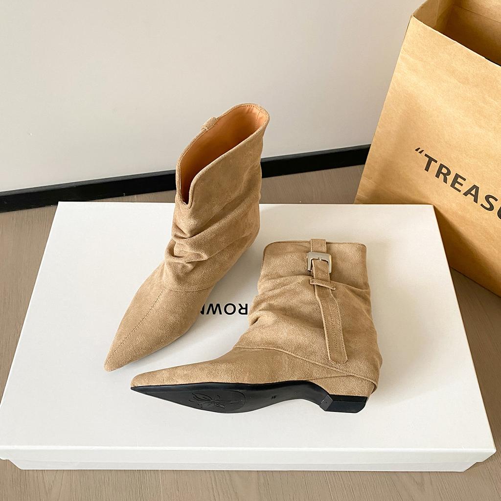 Retro Versatile Pointed Short Boots Women's New Belt Buckle Pleated Piled Boots Thick Heel Temperament Spice Girl Style Trouser Tube Boots